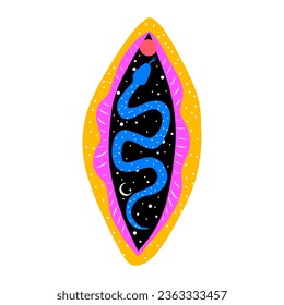 abstract image of a vagina. outer space, planets, moon and stars. snake tempter and plant herbs. printing on fabric and paper. radical feminism. vector