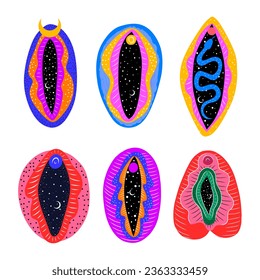 abstraktes Bild einer Vagina. Weltraum, Planeten, Mond und Sterne. Schlangentempo und Kräuter pflanzen. Druck auf Stoff und Papier. radikaler Feminismus. Vektorgrafik