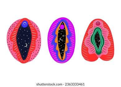 abstraktes Bild einer Vagina. Weltraum, Planeten, Mond und Sterne. Schlangentempo und Kräuter pflanzen. Druck auf Stoff und Papier. radikaler Feminismus. Vektorgrafik