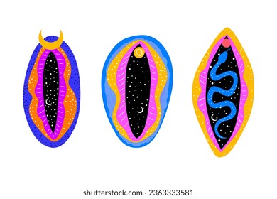 abstract image of a vagina. outer space, planets, moon and stars. snake tempter and plant herbs. printing on fabric and paper. radical feminism. vector