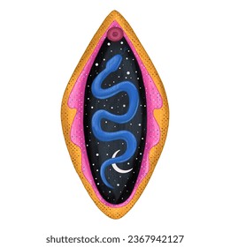 abstraktes Bild einer Vagina. Weltraum, Planeten, Mond und Sterne. Schlangentempo und Kräuter pflanzen. Druck auf Stoff und Papier. radikaler Feminismus. Vektorgrafik