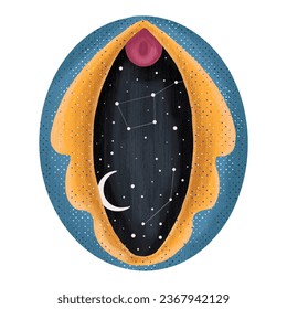 imagen abstracta de una vagina. espacio exterior, planetas, luna y estrellas. tentador de serpientes y hierbas vegetales. impresión en tela y papel. feminismo radical. vector