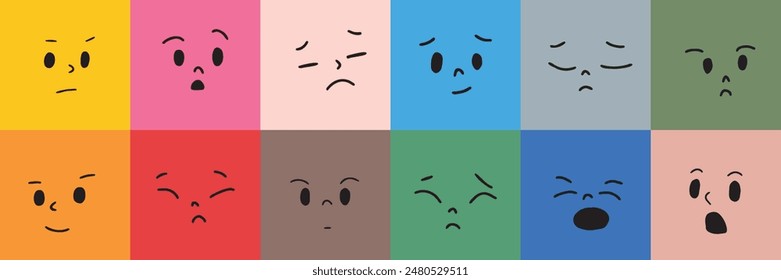 Abstract image of various facial expressions, square, vintage colors, cute, fun, funny, illustration, vector