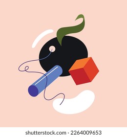 abstract image with various geometric shapes, spots and lines. Red square, black circle, blue top hat, blue thread, white blots, green ribbon