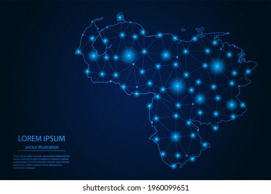 Imagen abstracta Mapa de Venezuela - Con Puntos Y Líneas De Brillo Azul En Fondo De Gradiente Oscuro, Conexión De Red De Polígono De Malla 3D, Ilustración Vector Eps 10.