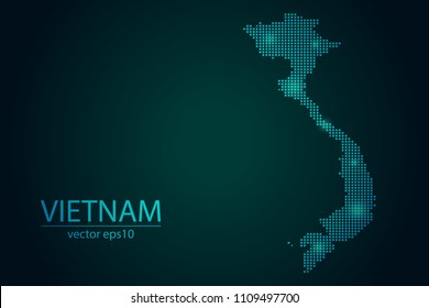 Abstract Image Vietnam Map From Pixel Emerald Green and Glowing Stars on a Dark Background. Vector illustration Eps 10.