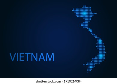 Abstract image Vietnam map from pixels blue and glowing stars on a dark background. Vector illustration eps 10.