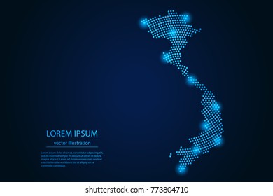 Abstract image Vietnam map from point blue and glowing stars on a dark background. vector illustration.