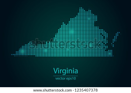 Abstract Image Virginia Map From Pixel Emerald Green and Glowing Stars on a Dark Background. Vector illustration Eps 10.