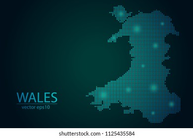 Abstract Image Wales Map Pixel look Emerald Green and Glowing Stars on a Dark Background. Vector illustration Eps 10.