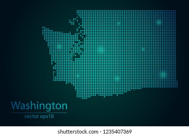 Abstract Image Washington Map From Pixel Emerald Green and Glowing Stars on a Dark Background. Vector illustration Eps 10.