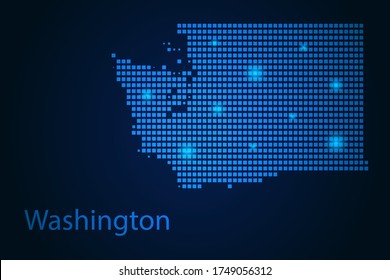 Abstract image Washington map from pixels blue and glowing stars on a dark background. Vector illustration eps 10.