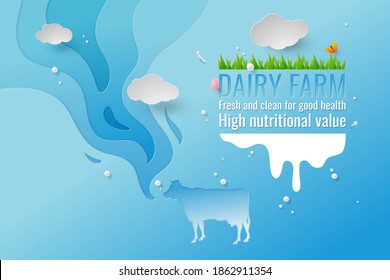 Abstract image with waves of milk and cow on the farm Art style paper cutting, vector illustration and design.