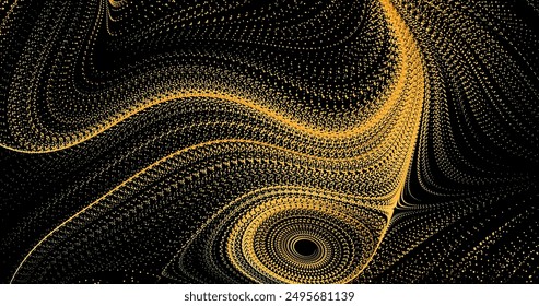 Abstract image of wavy lines from particles in a gold turbulence field on a black background. Vector illustration.