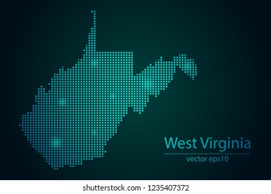 Abstract Image West Virginia Map From Pixel Emerald Green and Glowing Stars on a Dark Background. Vector illustration Eps 10.