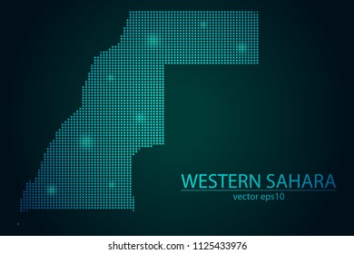 Abstract Image Western Sahara Map Pixel look Emerald Green and Glowing Stars on a Dark Background. Vector illustration Eps 10.