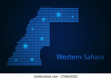 Abstract image Western Sahara map from pixels blue and glowing stars on a dark background. Vector illustration eps 10.