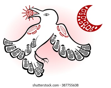 Abstract image of white raven, sun and moon. EPS10 vector illustration.