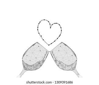 Abstract image wine Two wine glasses and a heart in the form of lines and dots, consisting of triangles and geometric shapes. Low poly vector background.