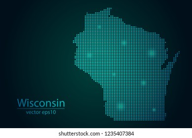 Abstract Image Wisconsin Map From Pixel Emerald Green and Glowing Stars on a Dark Background. Vector illustration Eps 10.