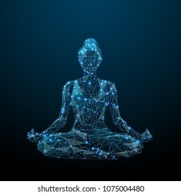 Abstract image of woman yogi sits in a lotus pose in the form of a starry sky or space, consisting of points, lines, and shapes in the form of planets, stars and the universe. Vector yoga