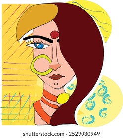 Abstractas Imagen de la cara de las mujeres. Mujer india. Mujer india atractiva hermosa en un sari rojo. Belleza con ojos azules. Dibujo de Vector.