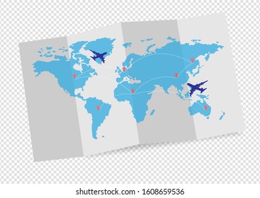 Abstract image of the world logistics, there are world map background and big white airplane is flying for Business trip with Commercial plane, Transportation, import-export and logistics, Travel