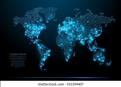 Abstract image of a world map in the form of a starry sky or space, consisting of points, lines, and shapes in the form of planets, stars and the universe. World vector wireframe concept.