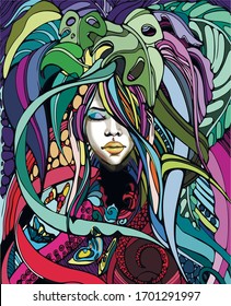 Abstract image of a young girl in tropical leaves. graffiti in vector. pop art, color, graphics art