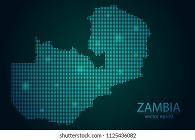Abstract Image Zambia Map Pixel look Emerald Green and Glowing Stars on a Dark Background. Vector illustration Eps 10.