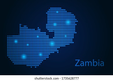 Abstract image Zambia map from pixels blue and glowing stars on a dark background. Vector illustration eps 10.
