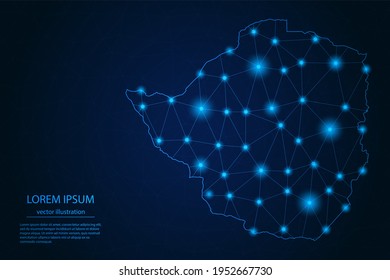 Imagen abstracta mapa de Zimbabue - Con puntos y líneas de resplandor azul en fondo de gradiente oscuro, conexión de red de polígono de malla 3D, Ilustración vectorial Eps 10.