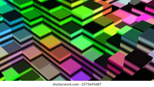 Abstract images of an array of geometric shapes in multicolor halftones. Randomly stretched vertically. Vector illustration.