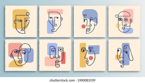 Abstrakte Bilder der Gesichter von Menschen. Kontinuierliche Vektorgrafik. Ungewöhnliche Gesichter. Alle Objekte sind isoliert. Nutzen Sie das für Ihre Projekte und Dekorationen 