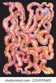 Abstract, imaginary illustration of internal guts, with freehand drawn overlapping, dense marker lines