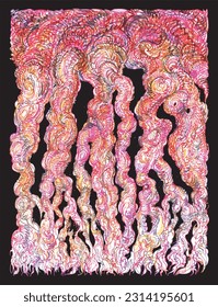 Abstract, imaginary organic roots drawing, via freehand drawn colorful marker lines