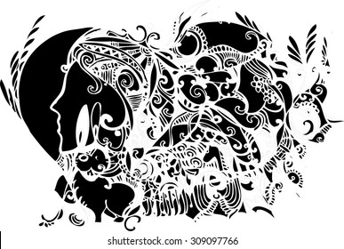 Abstract imagination line art and nature elements