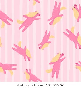 Abstract imagination seamless pattern with random unicorn pink ornament. Striped background. Decorative backdrop for fabric design, textile print, wrapping, cover. Vector illustration