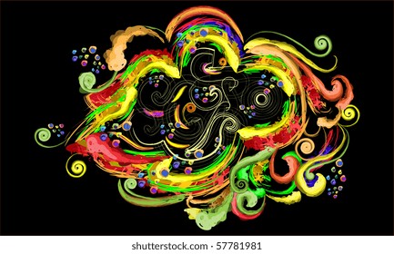 Abstract imagination from vegetable elements, circles, stains and lines on a black background