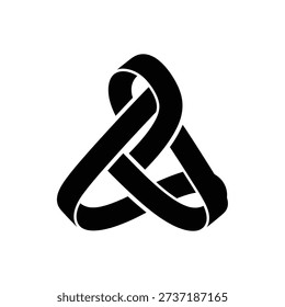 An abstract, impossible geometric shape resembling a knot or Mobius strip, rendered in solid black against a clean white background.