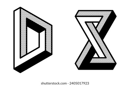 Abstract impossible shapes isolated on white background. Geometric fascinating designs. Optical illusion. Vector illustration.