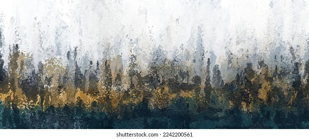 Abstract impressionism landscape for design interior. Modern hand draw painting. Art vector background. Sky, clouds, forest and river. Artistic backdrop for flyers, poster, cover. Wallpaper design.