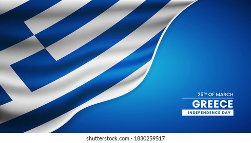 Resumen del Día de la Independencia de Grecia fondo con elegante bandera de tela e ilustración tipográfica