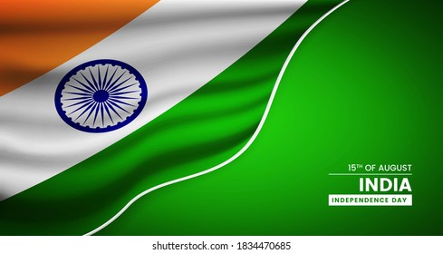 Resumen del día de la independencia del fondo de la india con elegante bandera de tela e ilustración tipográfica