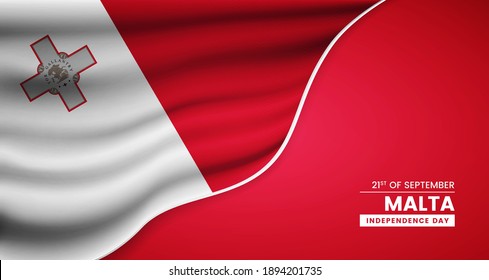 Resumen del Día de la Independencia de Malta fondo con elegante bandera de tela e ilustración tipográfica