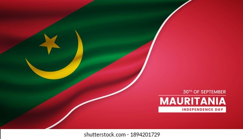 Resumen del Día de la Independencia de Mauritania de fondo con elegante bandera de tela e ilustración tipográfica