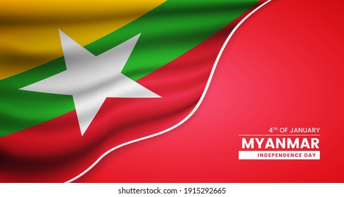 Abstrakter Unabhängigkeitstag auf Myanmar-Hintergrund mit eleganter Stoffflagge und typografischer Illustration