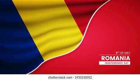 Resumen del Día de la Independencia de Rumania de fondo con elegante bandera de tela e ilustración tipográfica