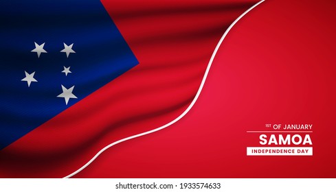 Resumen del Día de la Independencia de Samoa de fondo con una elegante bandera de tela e ilustración tipográfica
