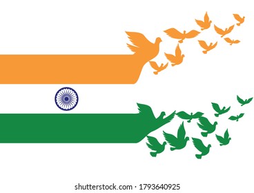 Abstract India flag  with flying pigeon on white background for India independence day